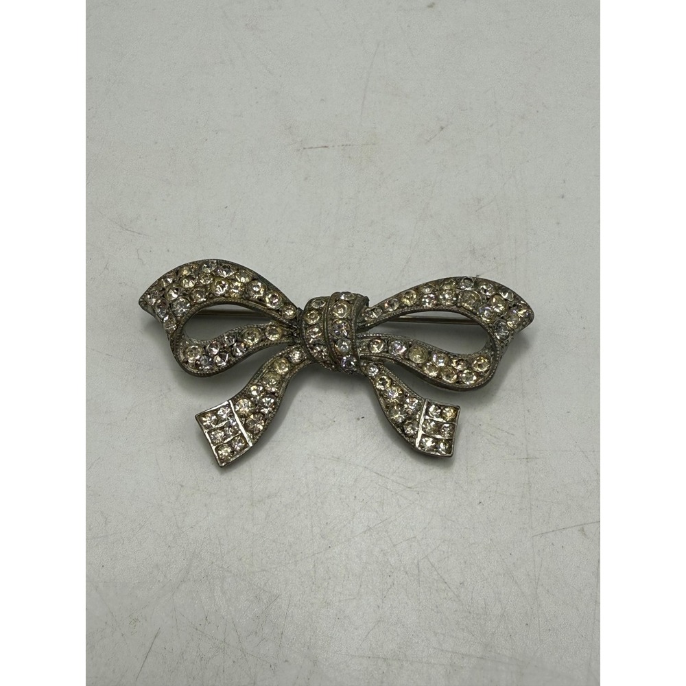 Vintage Silver Tone Pave Rhinestone Bow Brooch Ribbon Pin Clear Crystals